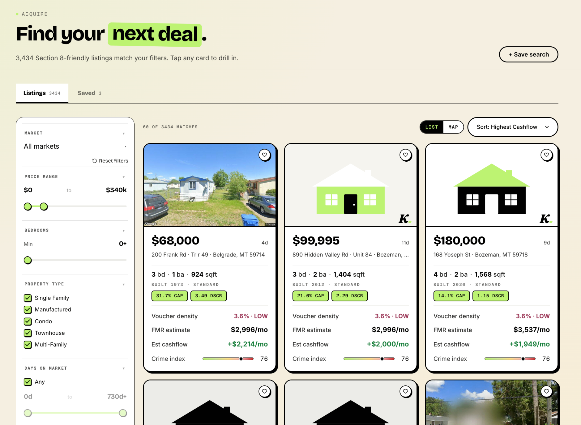 Keymio Discovery listings page with cap rate, DSCR, voucher density and FMR on every card