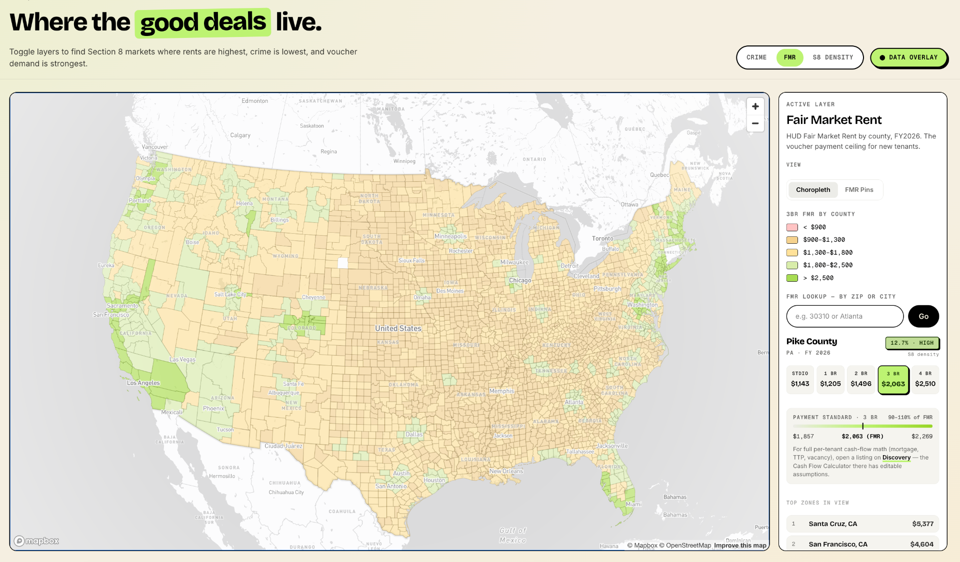 HUD Fair Market Rent choropleth with property pins overlaid