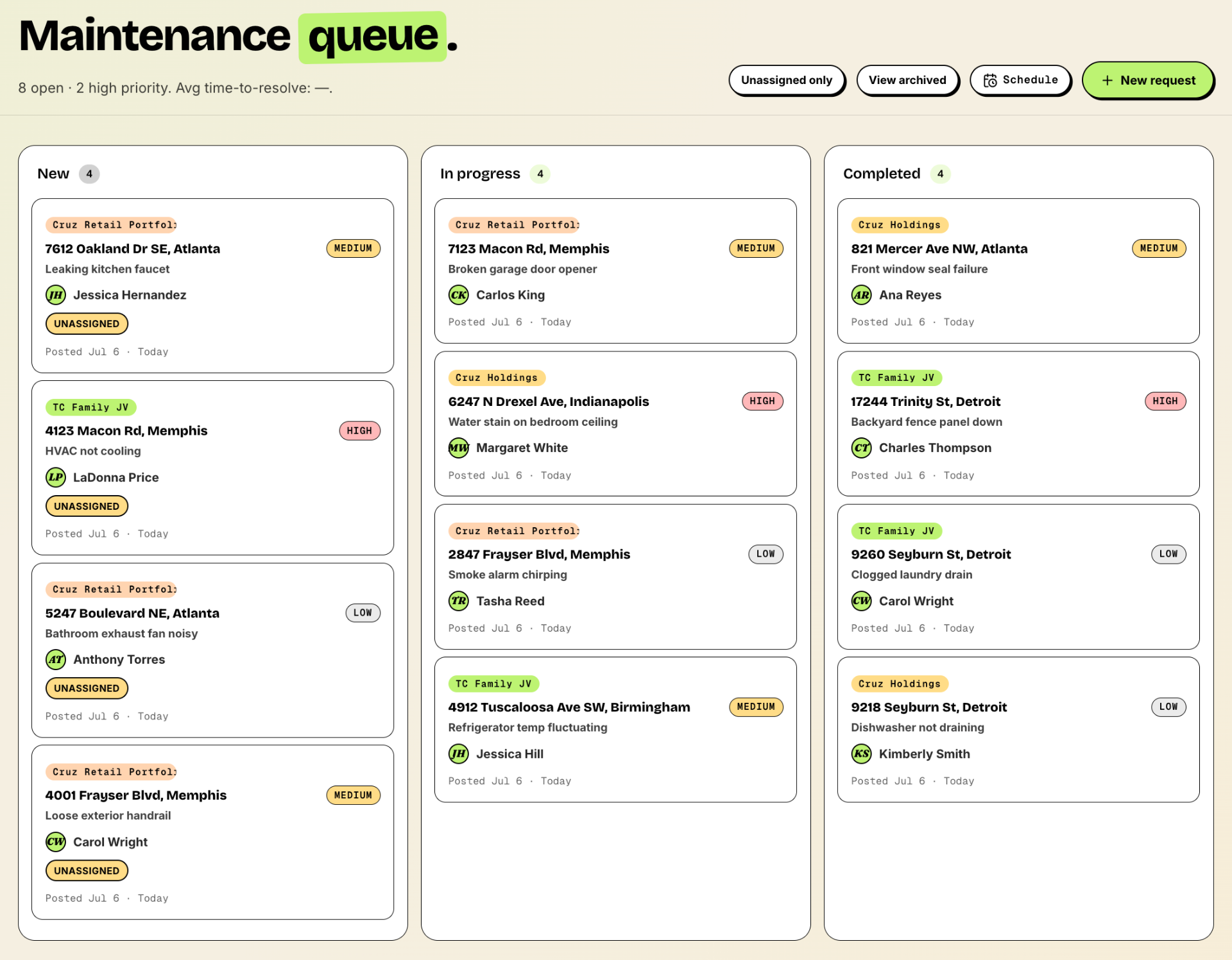 Maintenance kanban with New / In progress / Completed columns